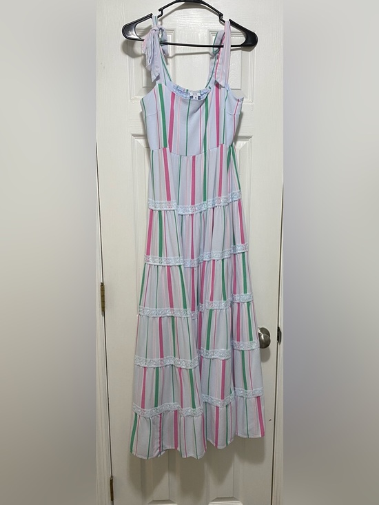 crown & ivy Dresses & Skirts - Striped Tiered Maxi Dress in Pink, Green & White